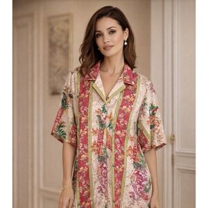 Vintage Hanes Womens Muumuu Kaftan Tropical Flower Satin Brocade Button Down M/L